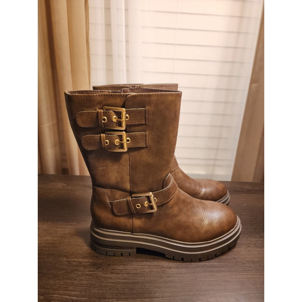 Sun + Stone Onnyx Lug Biker Moto Zip On Buckle Boots Booties 7 M Chocolate Brown - Picture 7 of 13